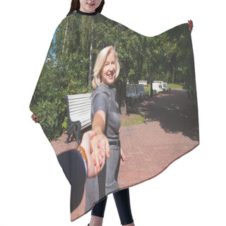 Personality  Portrait Of Lovely Middle Aged Blonde Woman In The Summer Park Hair Cutting Cape