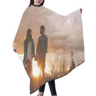 Personality  Silhouette Of Couple Holding Hands On Meadow At Sunset Hair Cutting Cape