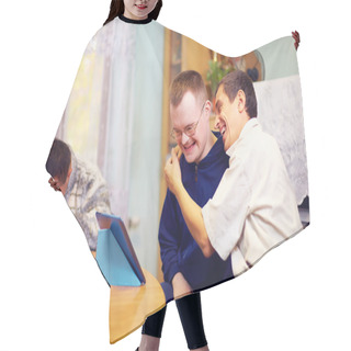 Personality  Happy Friends With Disability Socializing Through Internet Hair Cutting Cape