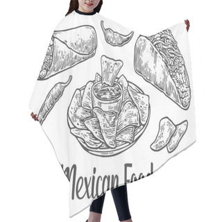 Personality  Mexican Traditional Food Set With Text Message, Burrito, Tacos, Chili, Tomato, Nachos. Hair Cutting Cape