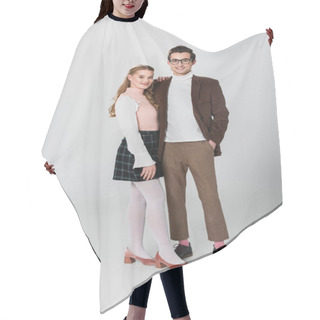 Personality  Full Length View Of Young Couple In Retro Outfit Posing On Grey Background Hair Cutting Cape