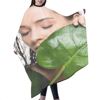 Personality  Beautiful Wet Naked Young Woman With Closed Eyes Holding Green Palm Leaves With Water Drops Isolated On White Hair Cutting Cape