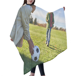 Personality  Happy African American Woman With Football, Mother Looking At Son, Blurred Background, Green Field Hair Cutting Cape