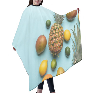 Personality  Top View Of Exotic Fruits On Blue Background With Copy Space Hair Cutting Cape