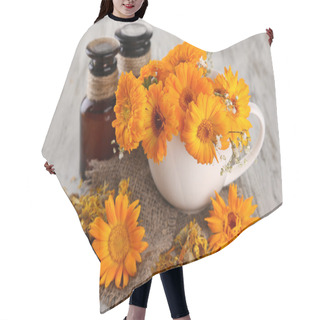 Personality  Medicine Bottles And Calendula Flowers On Wooden Background Hair Cutting Cape