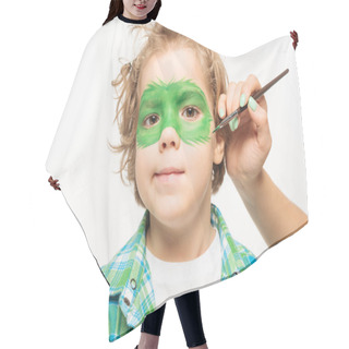 Personality  Partial View Of Artist Painting Gecko Mask On Face Of Adorable Boy Isolated On White Hair Cutting Cape