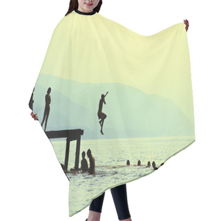 Personality  Silhouettes Of Kids Who Jump Off Dock On The Lake Hair Cutting Cape
