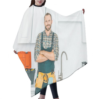 Personality  Smiling Handsome Plumber Standing With Crossed Arms And Looking At Camera In Kitchen Hair Cutting Cape