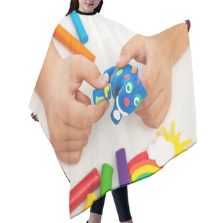 Personality  Child Playing With Colorful Clay - Closeup On Hands Hair Cutting Cape