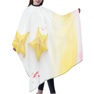 Personality  Top View Of Two Exotic Star Fruits On White Surface With Yellow And Pink Watercolor Hair Cutting Cape