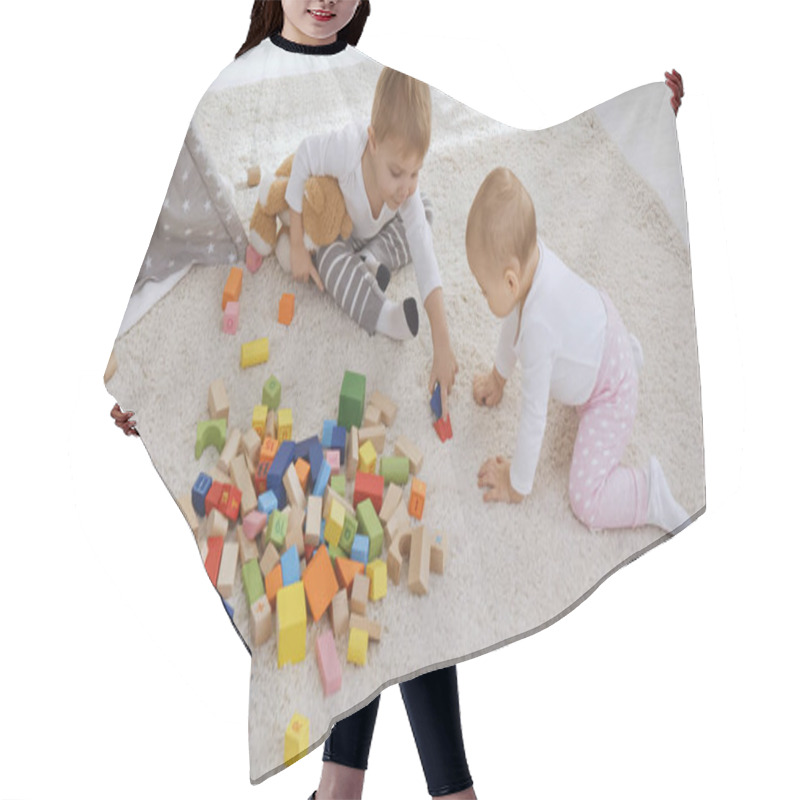 Personality  Toddler Boy Sitting On Carpet With Teddy Bear Near Baby Sister And Playing With Wooden Blocks Together Hair Cutting Cape