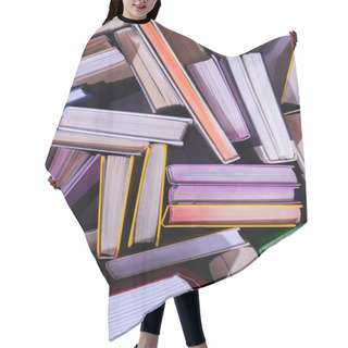 Personality  Top View Of Scattered Stack Of Books On Table Hair Cutting Cape