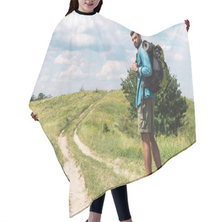 Personality  Handsome Hiker With Backpack Walking On Green Meadow Hair Cutting Cape