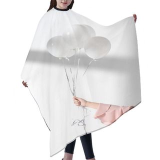 Personality  Cropped Image Of Girl Holding Bundle Of Balloons With Helium In Hand Hair Cutting Cape