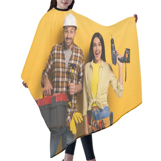 Personality  Excited Handywoman And Handyman Holding Toolbox And Electric Drill On Yellow    Hair Cutting Cape