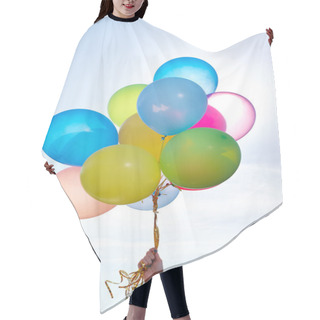 Personality  Hand Holding Bunch Of Colorful Balloons In Blue Sky Hair Cutting Cape