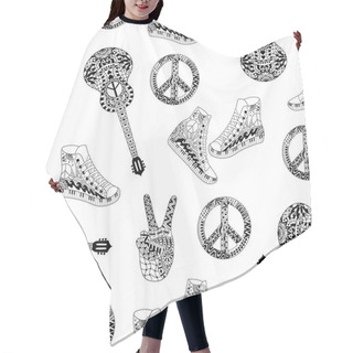 Personality  Seamless Pattern With Black And White Hippie Peace Symbol, Acoustic Guitars And Hight Snakers Hair Cutting Cape