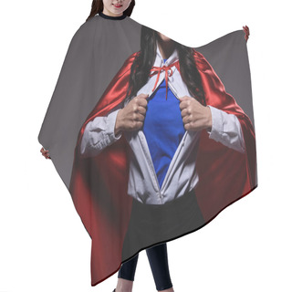 Personality  Cropped Image Of Super Businesswoman In Red Cape Showing Blue Shirt Isolated On Black Hair Cutting Cape