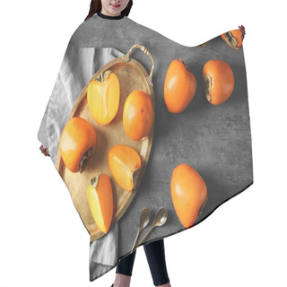 Personality  Tray With Ripe Persimmons On Grey Background, Top View Hair Cutting Cape