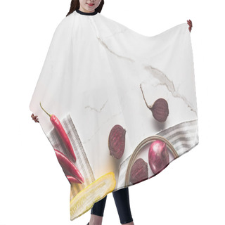 Personality  Top View Of Plate With Season Vegetables On Marble Surface Hair Cutting Cape