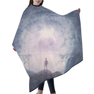 Personality  Person Stands On The Edge Of A Cliff Above A Waterfall Looking At A Huge Whirlwind In The Clouds That Creates A Portal To Another Planet. Surreal And Fantasy Scene, Magical World Adventure Concept Hair Cutting Cape