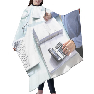 Personality  Businesswoman's Hand Calculating Bill With Calculator Over Desk In Office Hair Cutting Cape