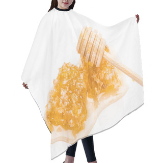 Personality  Honeycomb With Sweet Delicious Honey And Wooden Honey Dipper Isolated On White Hair Cutting Cape
