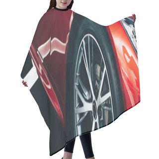 Personality  Panoramic Shot Of New Shiny Red Automobile With Metallic Wheel  Hair Cutting Cape