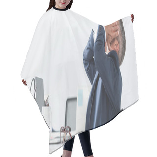 Personality  Tired Businessman Touching Face Near Laptop And Eyeglasses On Blurred Foreground In Office, Banner Hair Cutting Cape