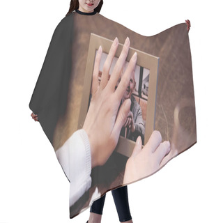 Personality  Partial View Of Female Hands Touching Photo Frame With Picture Of Elderly Man At Home Hair Cutting Cape
