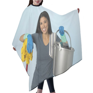 Personality  Hispanic Woman Happy Proud As Home Or Hotel Maid Cleaning And Housekeeping Holding Mop And Washing Bucket Smiling Hair Cutting Cape