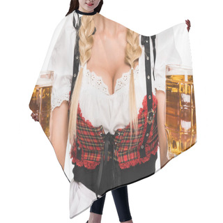 Personality  Cropped Shot Of Waitress In Traditional German Costume Holding Beer Glasses On Oktoberfest, Isolated On White   Hair Cutting Cape
