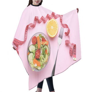 Personality  Measuring Tape, Salad, Half Of Orange And Fork On Pink Background, Flat Lay Hair Cutting Cape