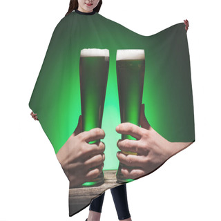 Personality  Cropped View Of Men Holding Glasses Of Irish Ale On Green Background Hair Cutting Cape