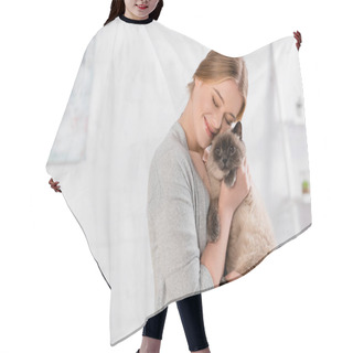 Personality  Smiling Woman With Closed Eyes Embracing Siamese Cat  Hair Cutting Cape