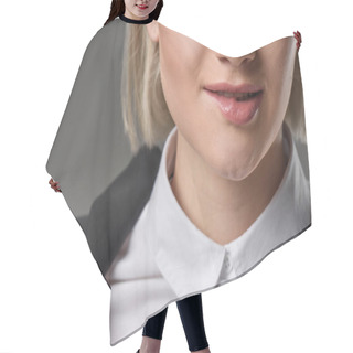 Personality  Cropped Shot Of Woman In White Shirt Biting Lip Isolated On Grey Hair Cutting Cape