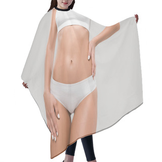 Personality  Cropped View Of Beautiful Slim Woman In Underwear Posing With Hand On Hip Isolated On Grey Hair Cutting Cape