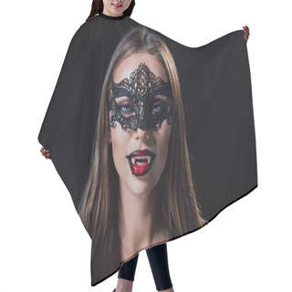 Personality  Naked Scary Vampire Girl In Masquerade Mask Showing Fangs Isolated On Black Hair Cutting Cape