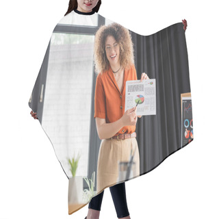 Personality  Cheerful Businesswoman In Glasses Pointing With Pen At Infographics While Making Online Presentation During Video Call  Hair Cutting Cape