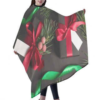Personality  Top View Of Wrapped Gift Boxes With Blank Cards Near Blurred Fir Branches On Black  Hair Cutting Cape