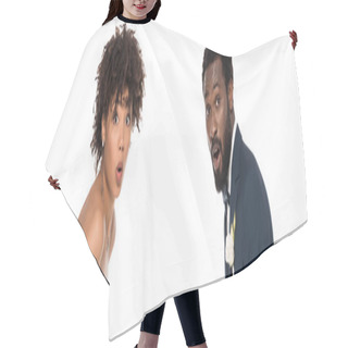 Personality  Panoramic Shot Of Surprised African American Bride And Bridegroom Isolate On White  Hair Cutting Cape