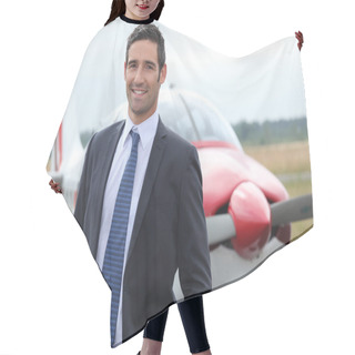 Personality  Smiling Businessman Standing In Front Of A Light Aircraft Hair Cutting Cape