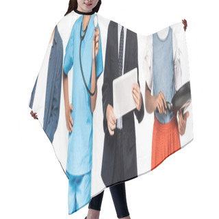 Personality  Panoramic Crop Of Multicultural Kids In Costumes Of Different Professions Holding Blueprint, Frying Pan, Stethoscope And Digital Tablet Isolated On White  Hair Cutting Cape