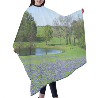 Personality  Beautiful Texas Bluebonnets Blooming During Spring Season Along Countryside With Small Pond Hair Cutting Cape