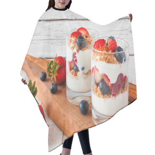 Personality  Strawberry And Blueberry Parfaits In Glasses On A Wood Serving Board Against A White Wood Background Hair Cutting Cape