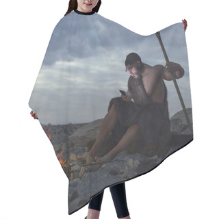 Personality  Primitive Man Siting On The Stone With Smartphone Concept Illustration Hair Cutting Cape
