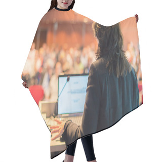 Personality  Business Woman Lecturing At Conference. Hair Cutting Cape