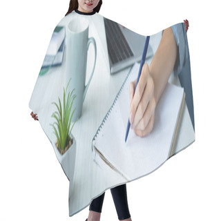 Personality  Cropped View Of Woman Making Notes In Notebook, Horizontal Banner Hair Cutting Cape