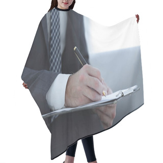 Personality  Businessman Signs A Contract. Holding Pen In Hand. Hair Cutting Cape