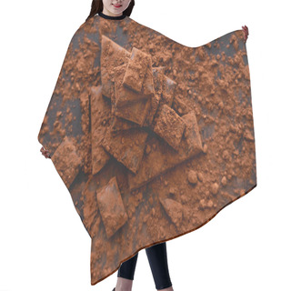 Personality  Top View Of Dry Cocoa On Chocolate Pieces On Black Background  Hair Cutting Cape